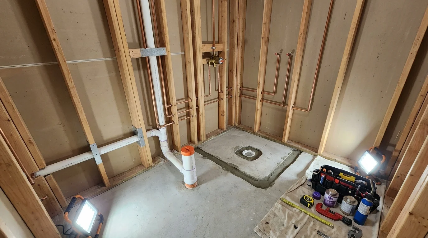 Bathroom rough-in plumbing during remodel by Johns Plumbing LLC in Azle