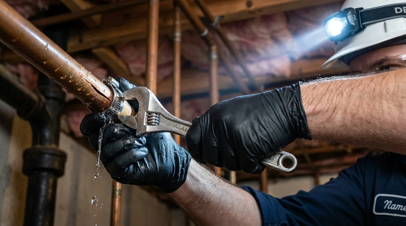Emergency pipe clamp repair being performed by a Johns Plumbing LLC plumber in Azle