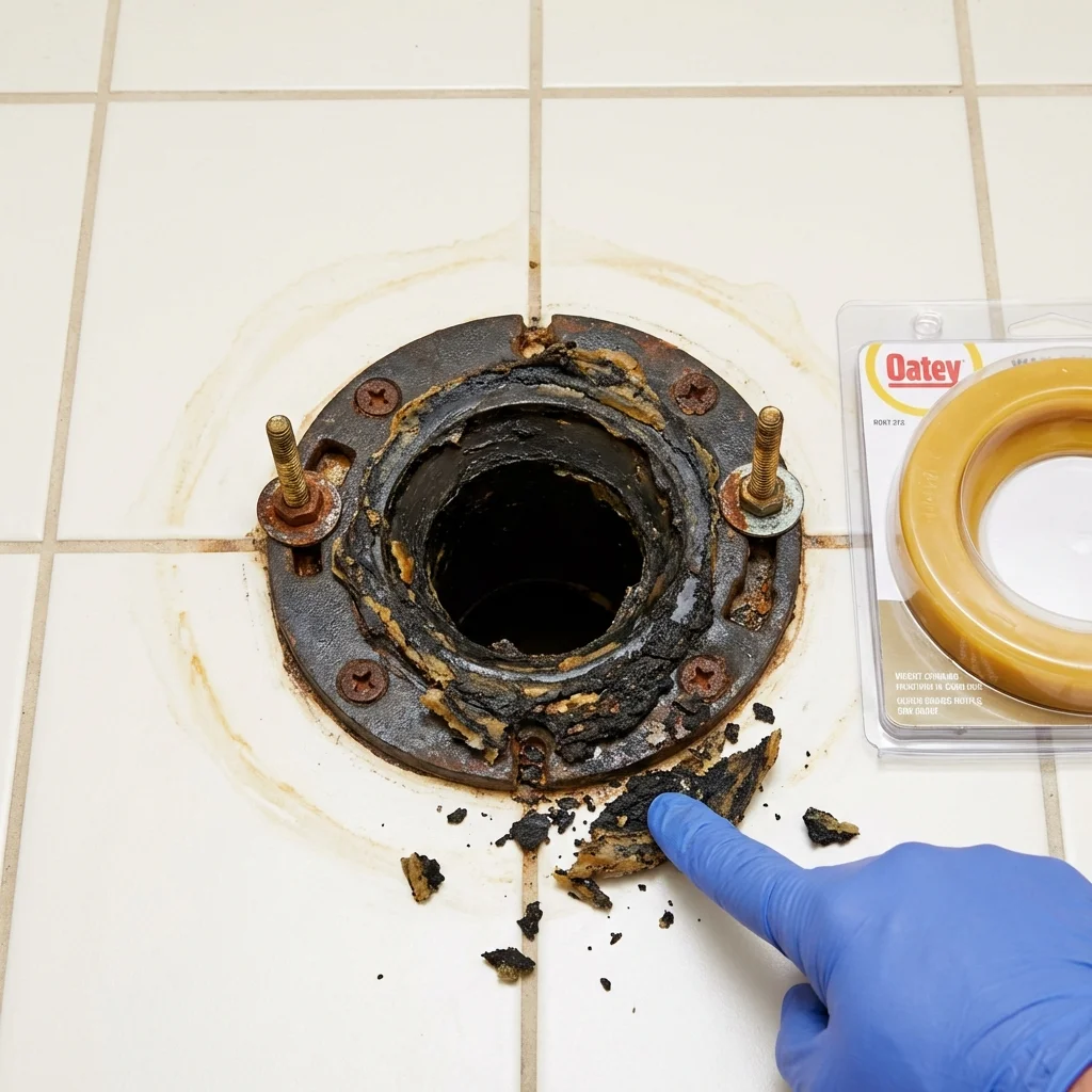 Failed wax ring showing water seepage at the base of a toilet in a Azle, TX home