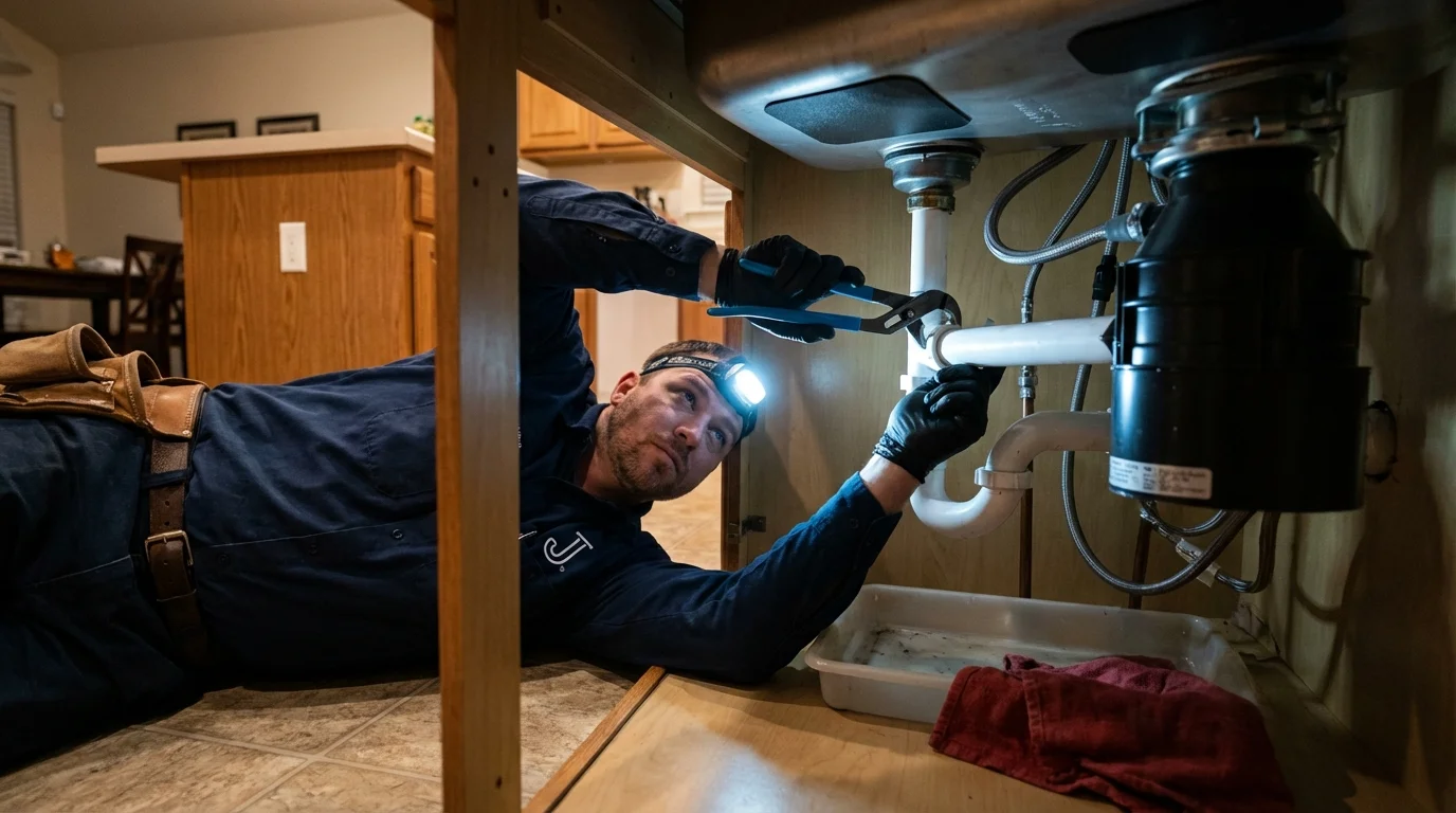 P-trap and supply line connections under a kitchen sink showing a common leak point in Azle, TX